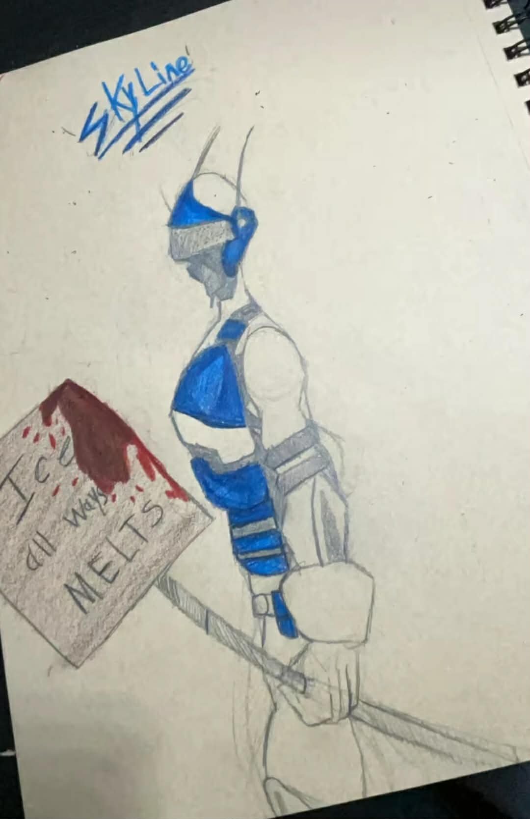 A sketch of Spider-Man in his black and blue costume, holding a sign that reads 'T.C. all not welcome METIS,' with the word SKYLINE written in blue at the top.