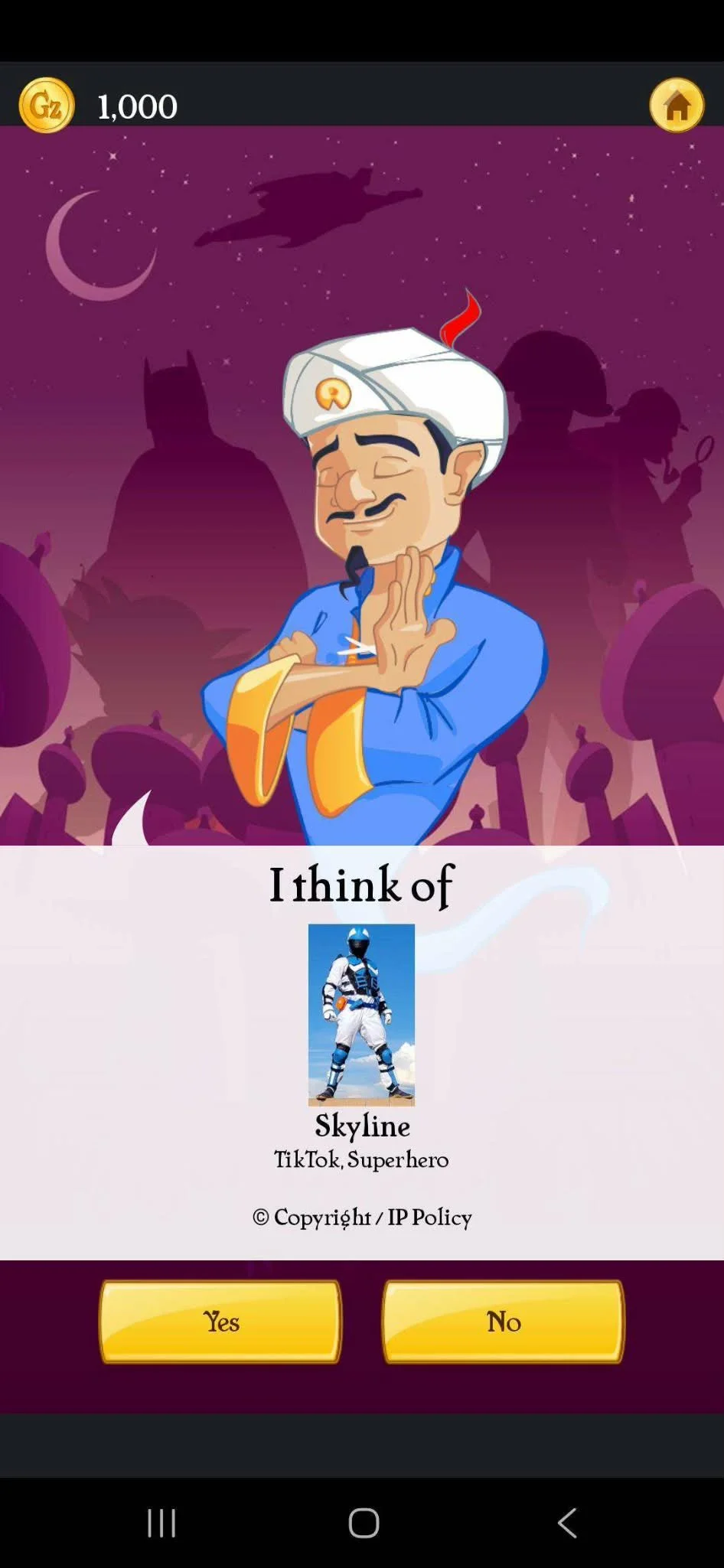 Mobile game screen with a cartoon character dressed as a sultan, with the text "I think of Skyline" and a picture of a Power Ranger, labeled "TikTok, Superhero." There are two buttons at the bottom labeled "Yes" and "No." The background shows a night