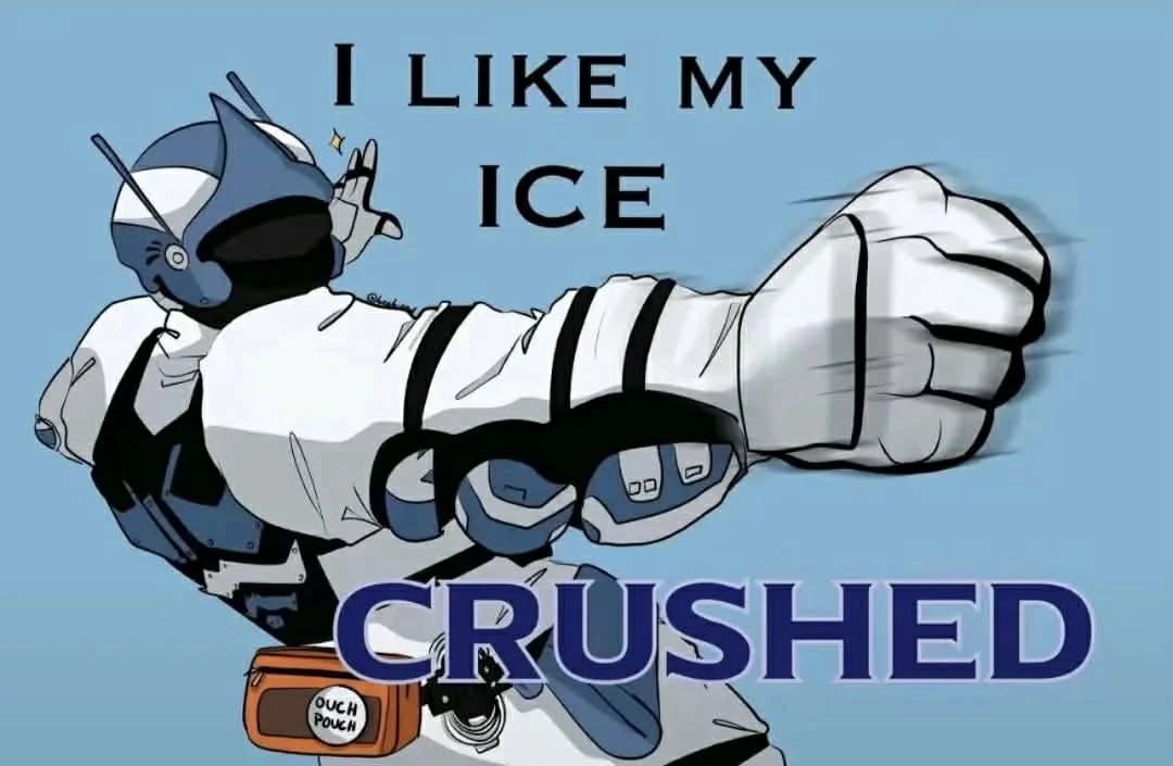 Cartoon astronaut in a spacesuit with a big fist bump pose, saying "I LIKE MY ICE CRUSHED."