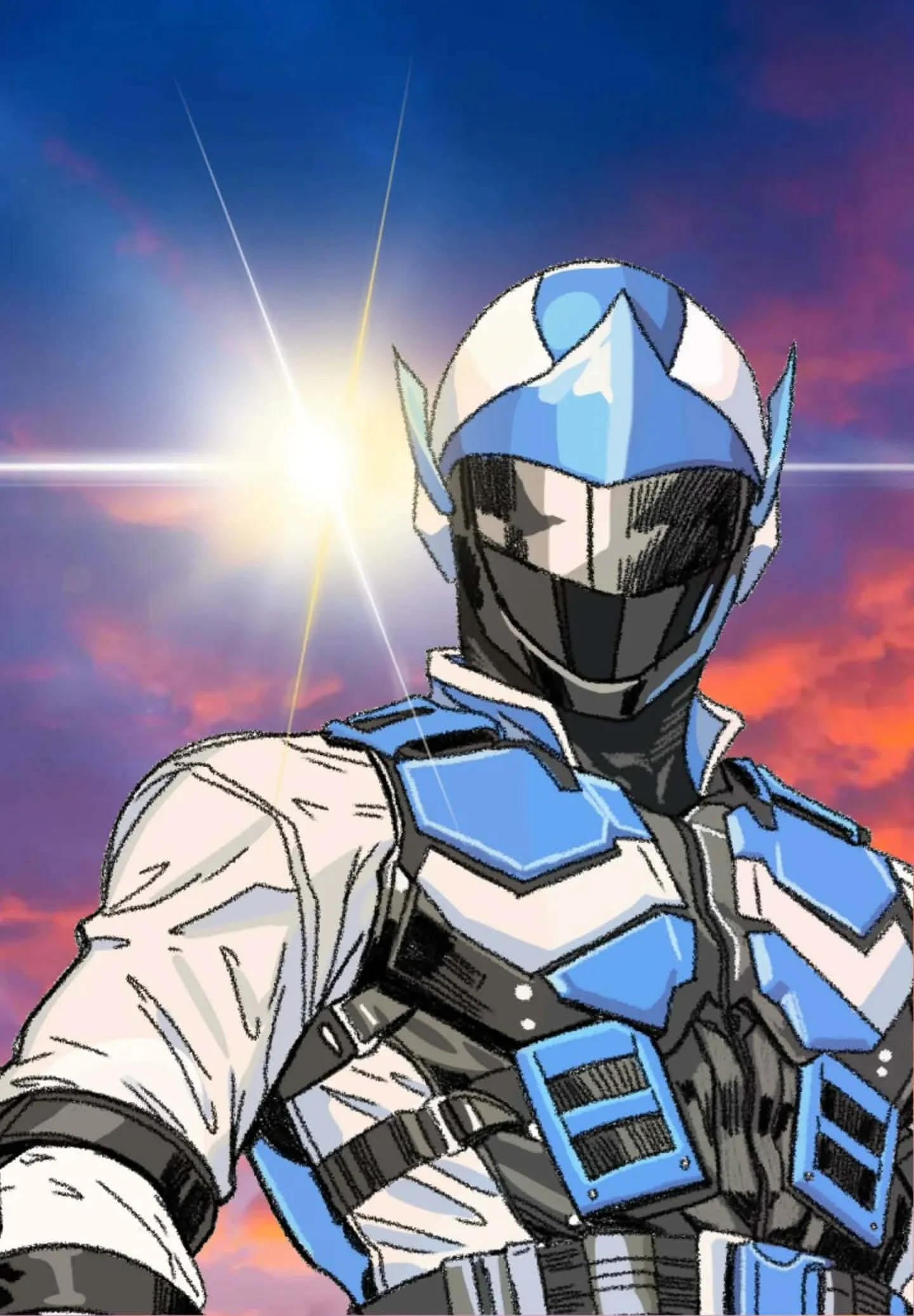 An animated illustration of a superhero in a blue and white suit with armor and a helmet, against a colorful sky with a bright sun and clouds.