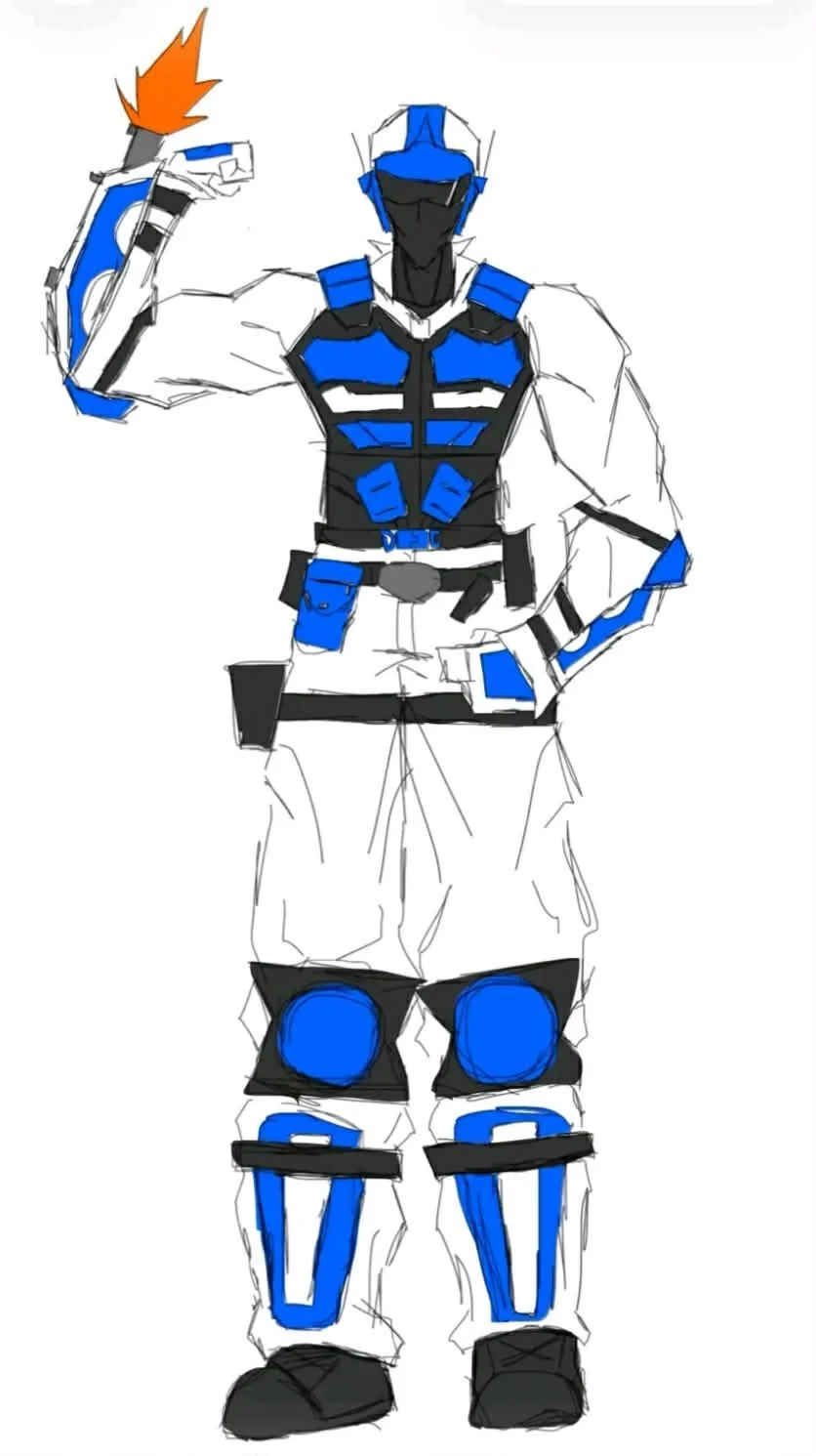 Sketch of a futuristic soldier or superhero wearing white, blue, and black armor, holding a flaming sword, with a dynamic pose.