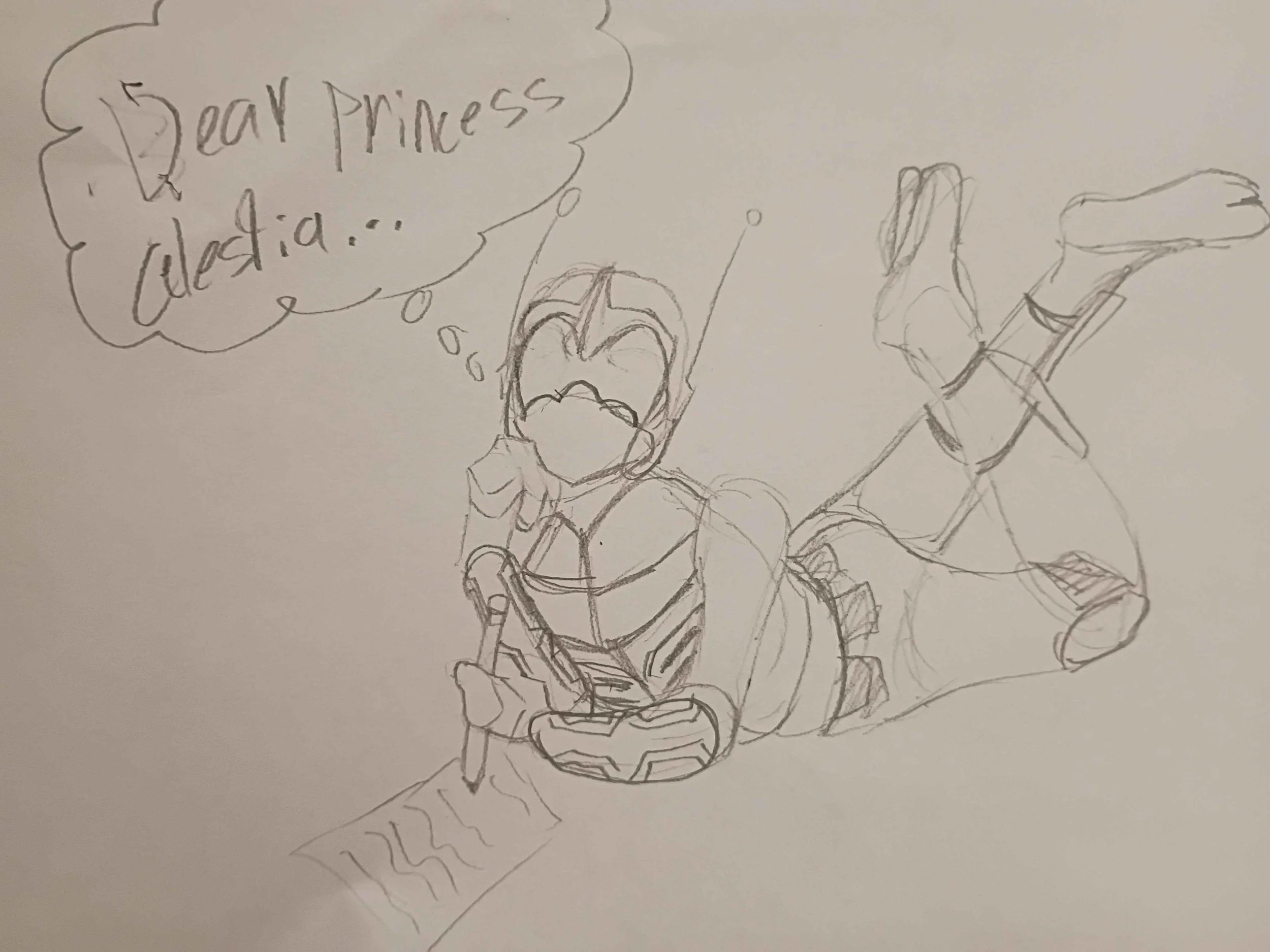 A hand-drawn sketch of a character dressed as a superhero, possibly Iron Man, holding a shield. The character appears to be expressing excitement or awe, with a speech bubble saying 'Dear Princess I got did...'.