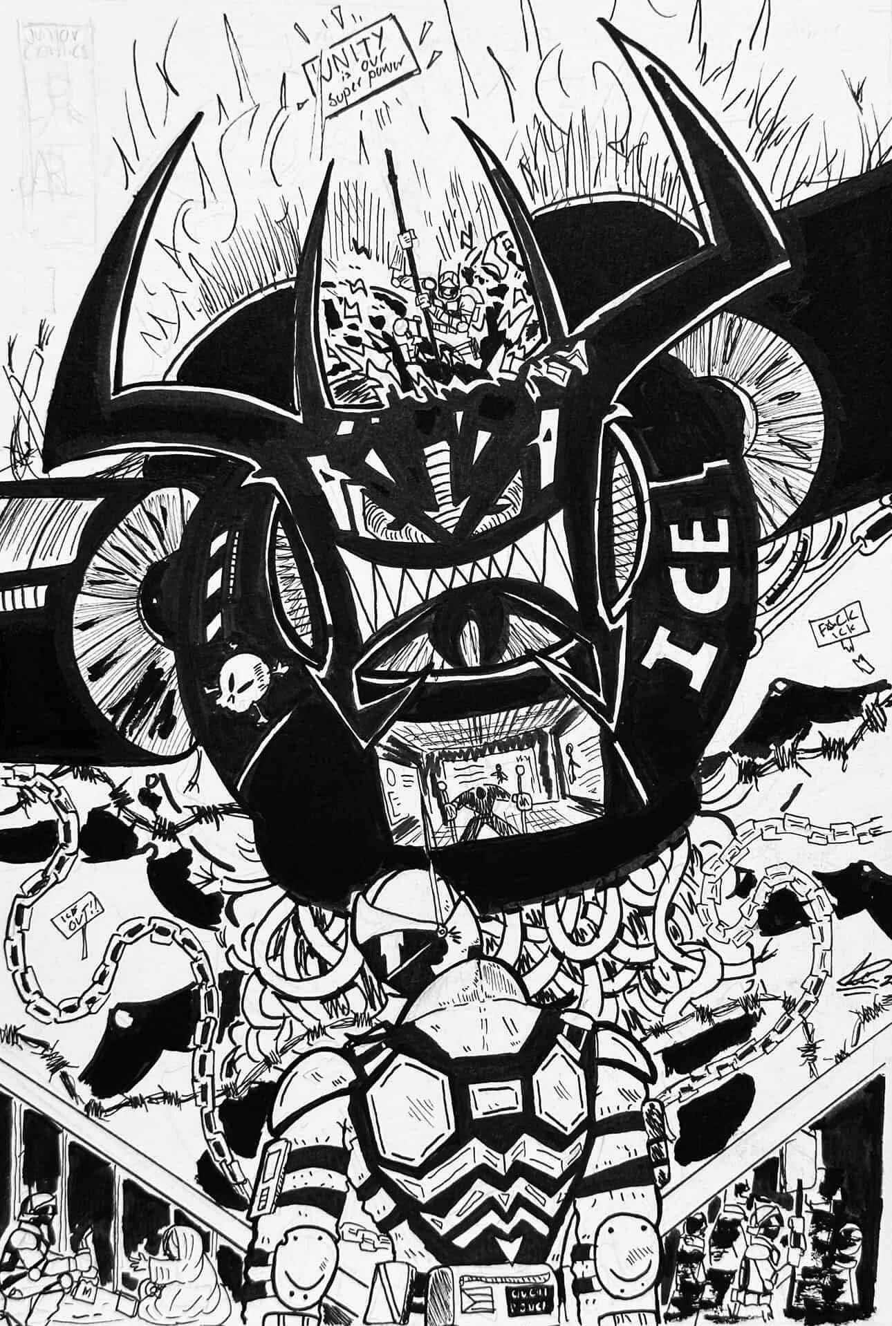Black and white illustration of a large robotic or armored figure with chains and skull motifs, surrounded by smaller characters and various detailed background elements.