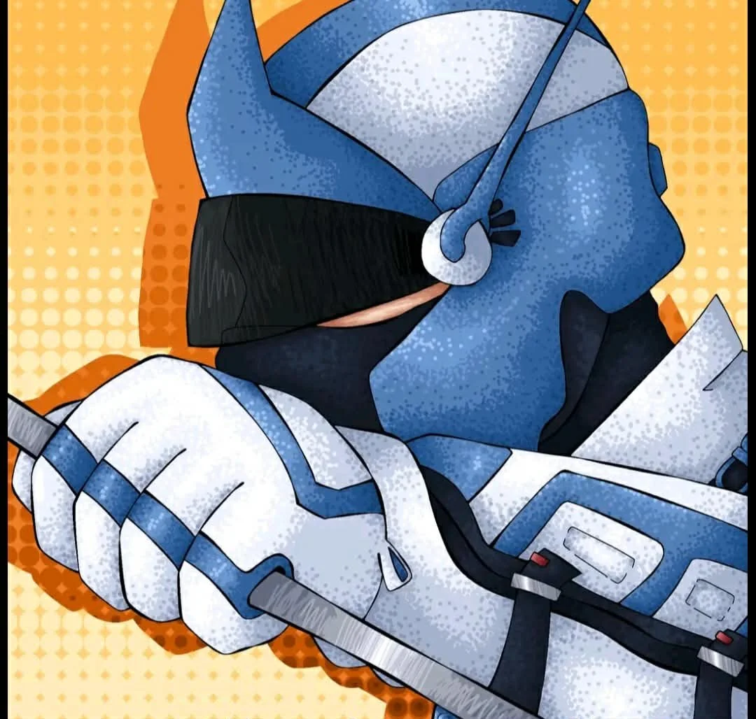 Close-up of a comic-style illustration of a soldier in blue armor holding a gun, with a yellow dotted background.