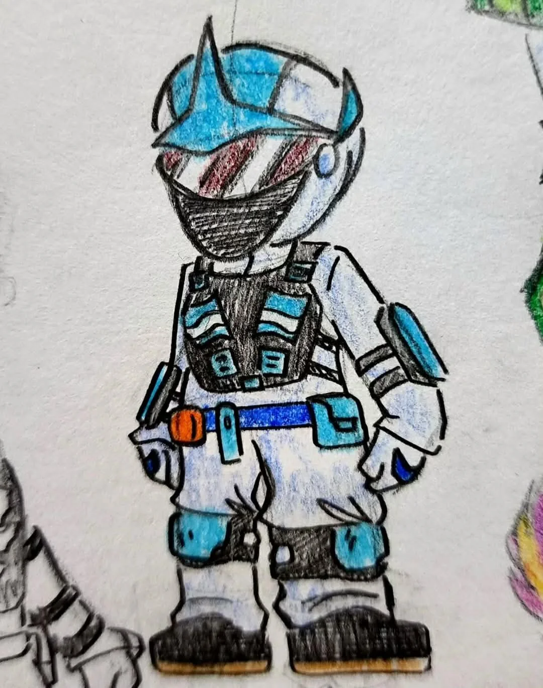 Colorful hand-drawn cartoon astronaut with a blue helmet, black goggles, and a space suit featuring blue and black details, standing with hands in pockets.