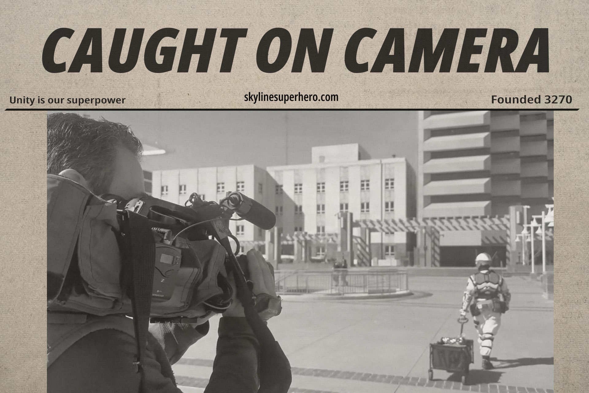 Black and white image of a person with a camera taking a photo of a superhero with a rescue cart, outdoor urban setting with buildings and playground equipment.