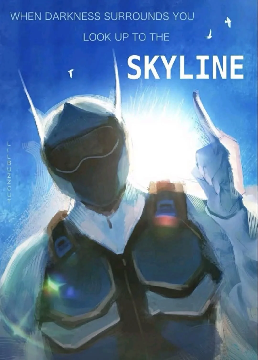 Digital illustration of a person wearing a ski mask and ski gear, pointing upward at the bright sky with birds flying around, with text saying 'When darkness surrounds you, look up to the skyline'.