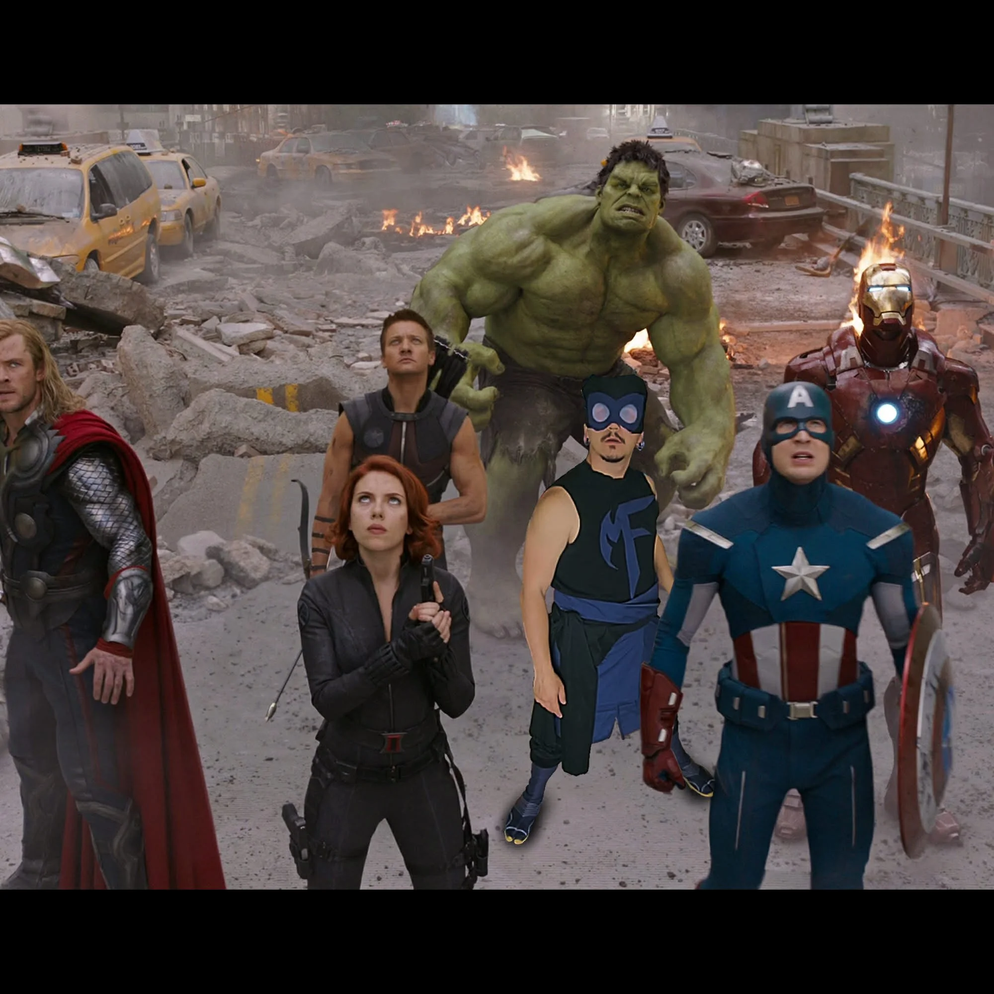 Scene from a fictional Marvel movie with the Hulk and Avengers in a city after destruction, with fire and debris, and characters like Iron Man, Captain America, Thor, Black Widow, and Hawkeye.
