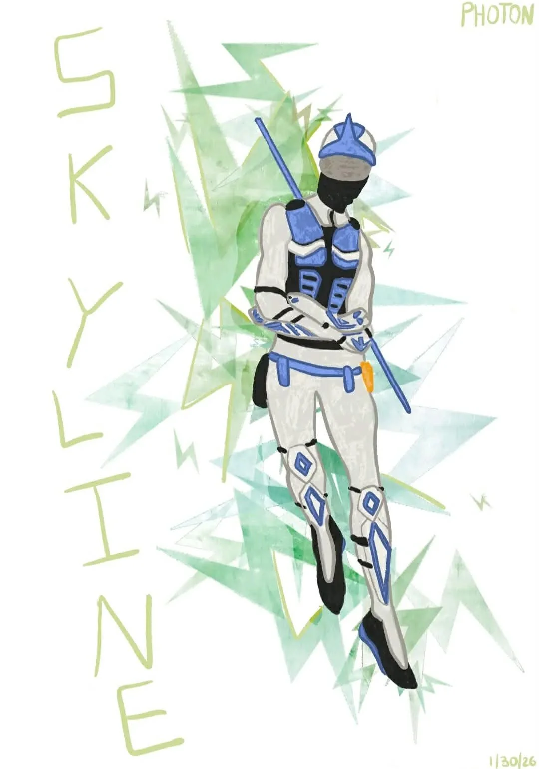 A digital drawing of a person in futuristic armor holding a spear, with a background of abstract green and yellow geometric shapes and lightning bolts. The words "SKYLINE" and "PHOTON" are written on the image.