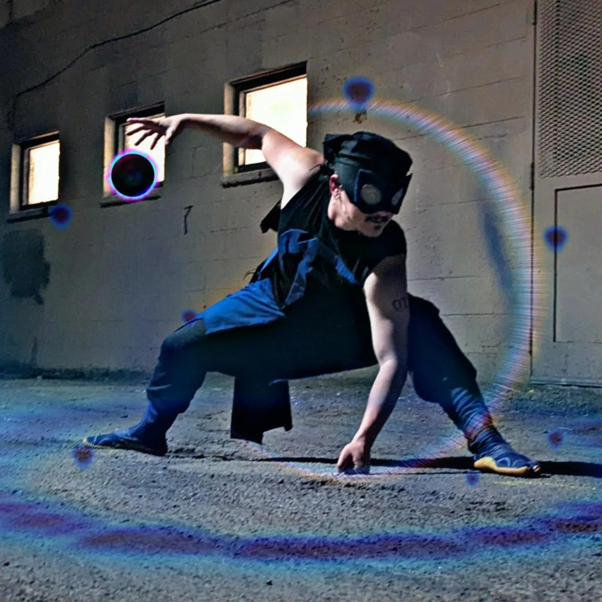 A person in a black mask, black shirt, and jeans is performing a breakdancing move outdoors on a gravel ground in front of a brick building with three small windows. The person is supporting themselves on one hand with legs bent and one arm extended,