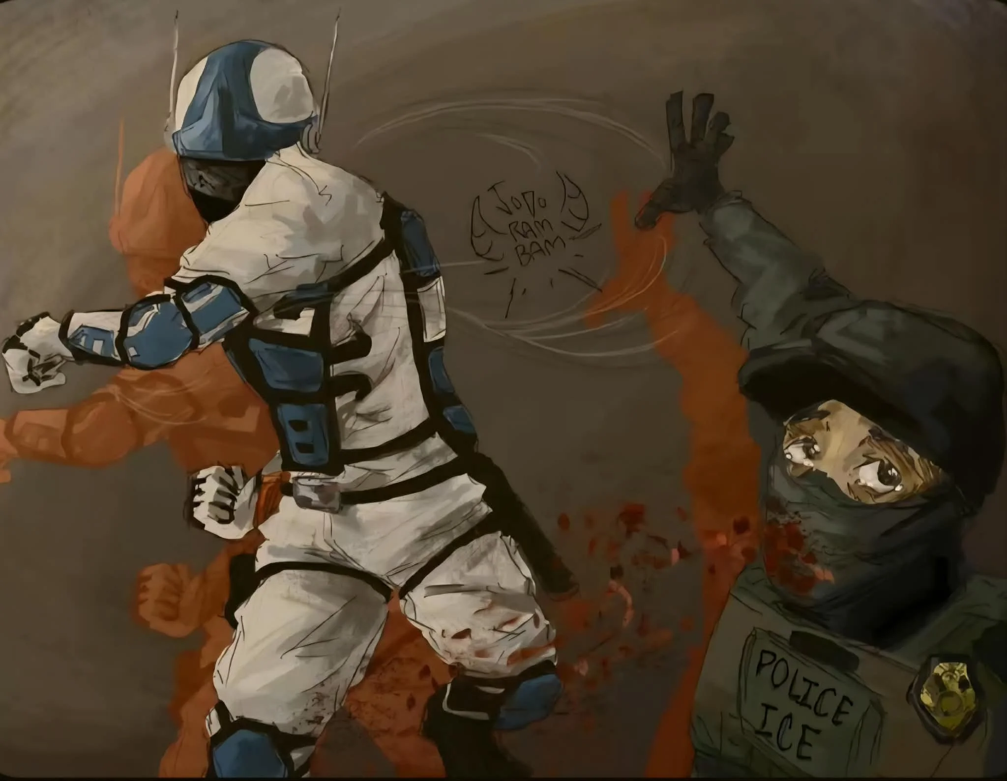 A graffiti-style mural showing a person in a white hoodie with orange accents, positioned with their back to the viewer, writing on a wall that has the words "Jojo RAM BAM!" The person appears to be using spray paint.