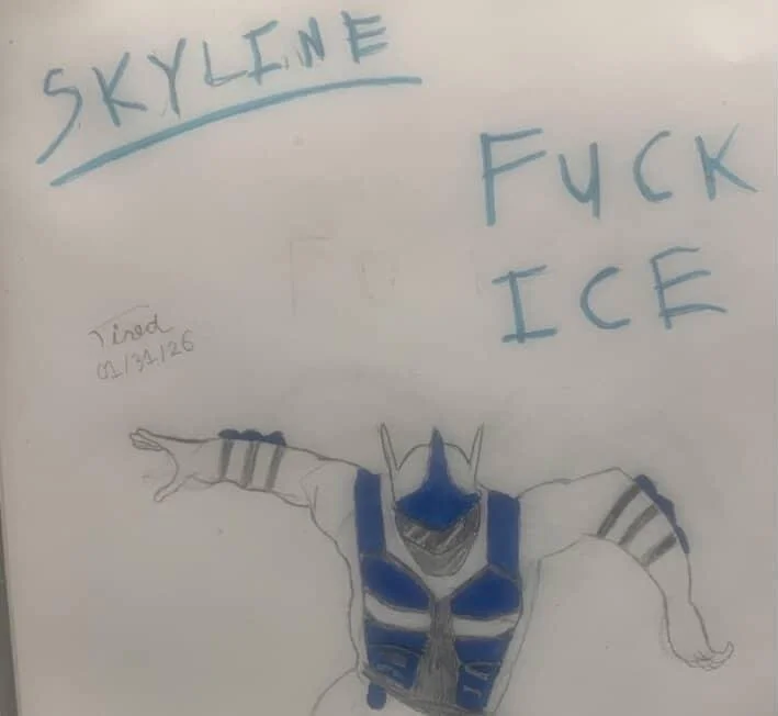 Drawing of a muscular humanoid figure with blue armor and horns, arms outstretched, on a white background. Handwritten text says "SKYLNE" at the top, "FUCK ICE" to the right, and a smaller note "Tried 01/31/26" on the left.