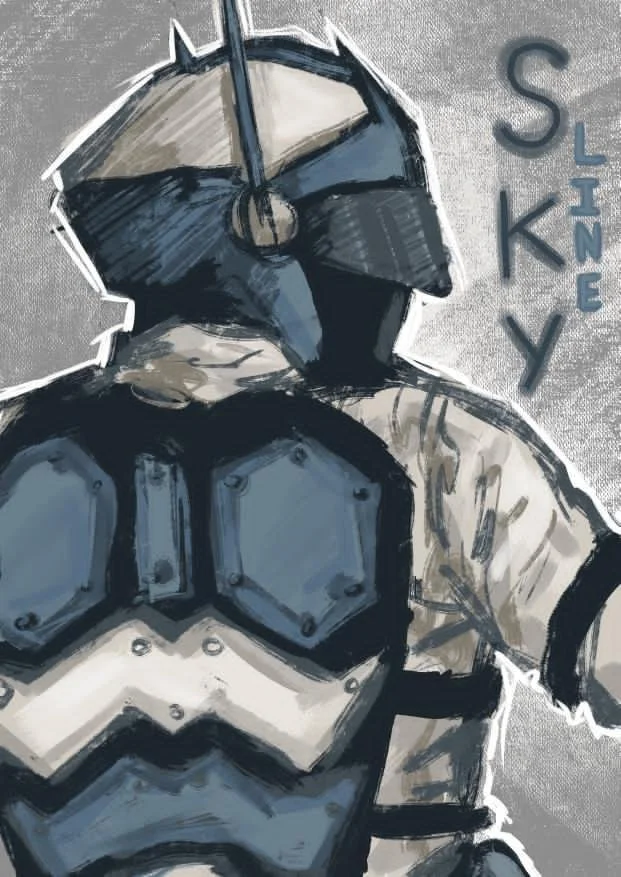 Artwork of a character in Mandalorian armor holding a weapon, with the words "Skyline" written vertically beside them.