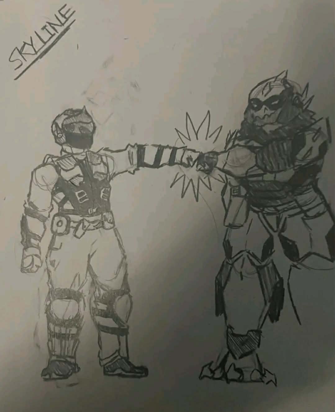 A pencil sketch of two characters from Fortnite, with one character on the left punching the other on the right. The word 'SKYLINE' is written in the top left corner.