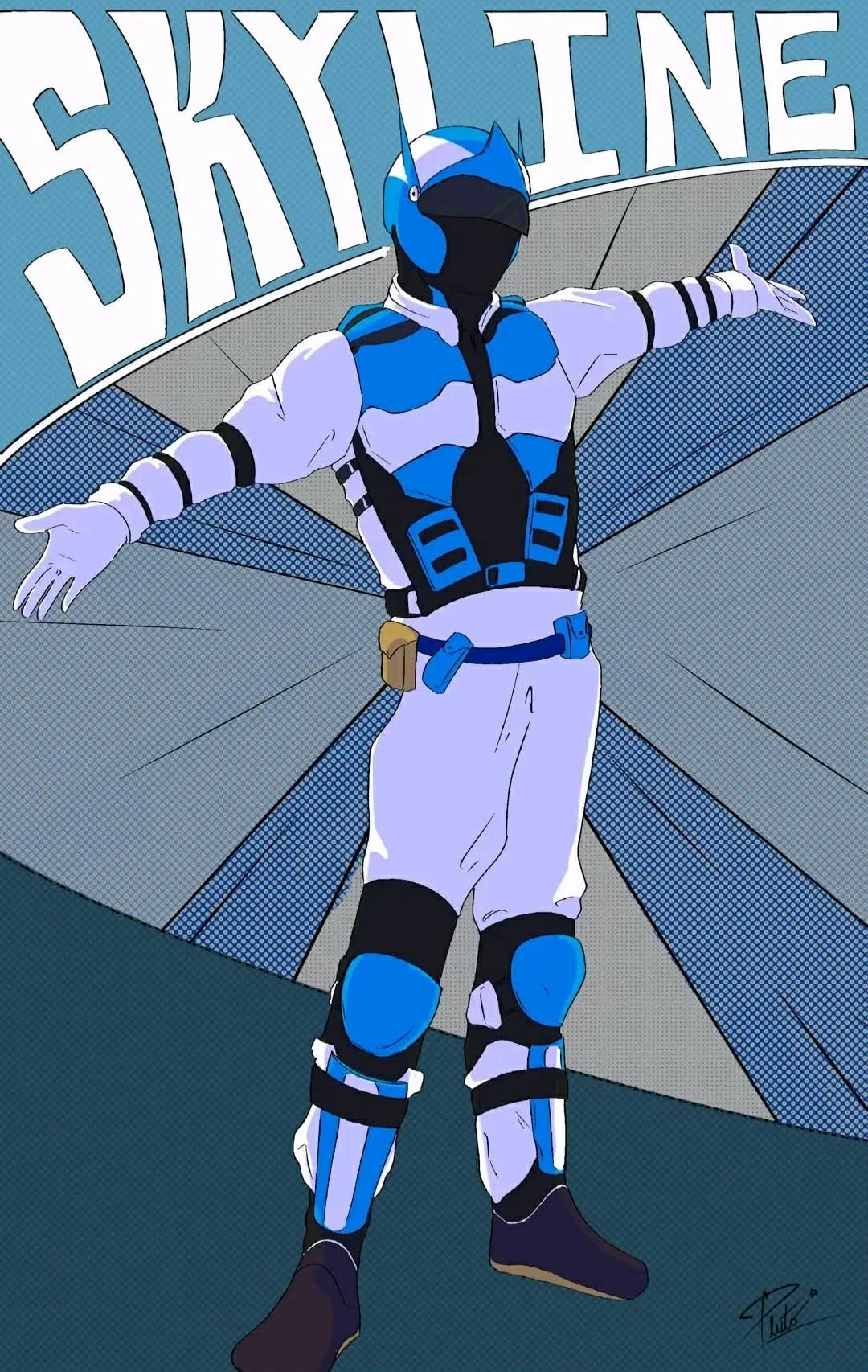 A character in a futuristic, blue and white costume with a bird-shaped helmet, standing with arms outstretched in front of a large sign that says 'SKYLINE' in stylized letters.