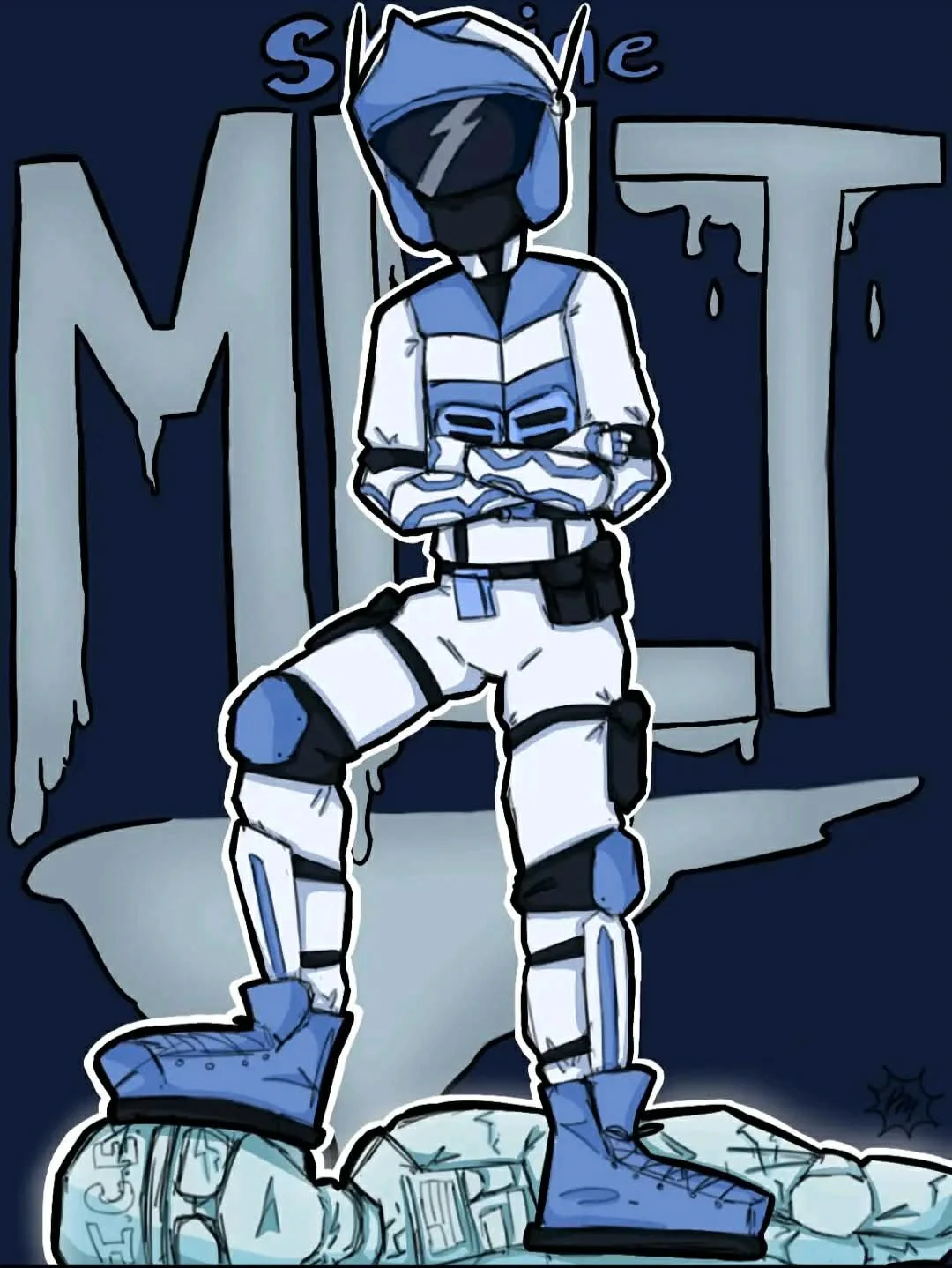 A cartoon character in a blue and white outfit standing on a broken robot in front of a dark wall with dripping paint and the word 'MOT' in the background.