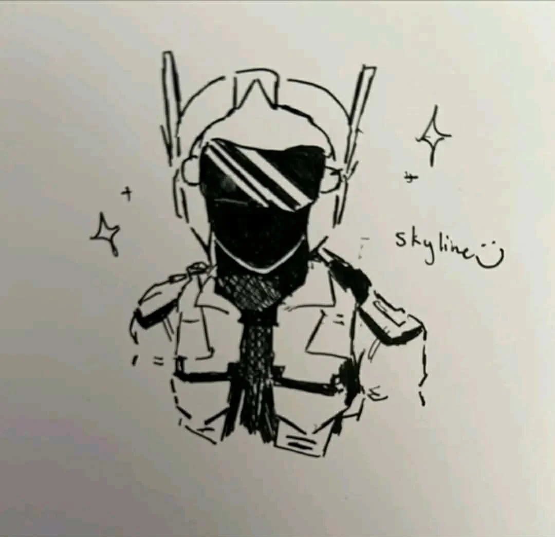 Black and white sketch of a person in a police or military uniform wearing protective sunglasses and a mask, with a halo and sparkling effects around. Handwritten text says 'skylum' with a smiley face.