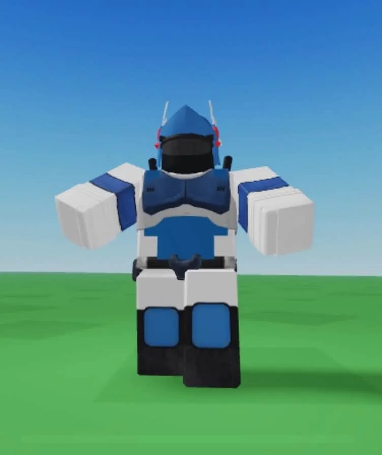 A blocky, robot-like character with a space helmet, standing on a grassy field under a clear blue sky.