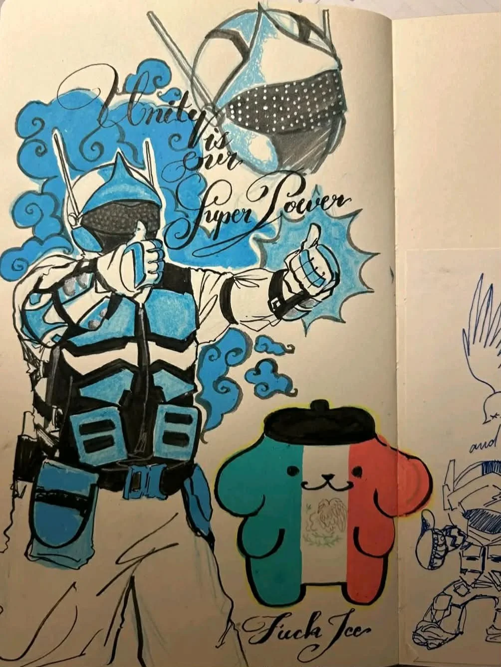 A colorful cartoon drawing of a person dressed as a superhero, wearing a helmet and holding a sword, with a blue, black, and white suit. A fluffy dog character, colored like the Irish flag, is smiling with the words "F*** Ice" below it. Handwritten t