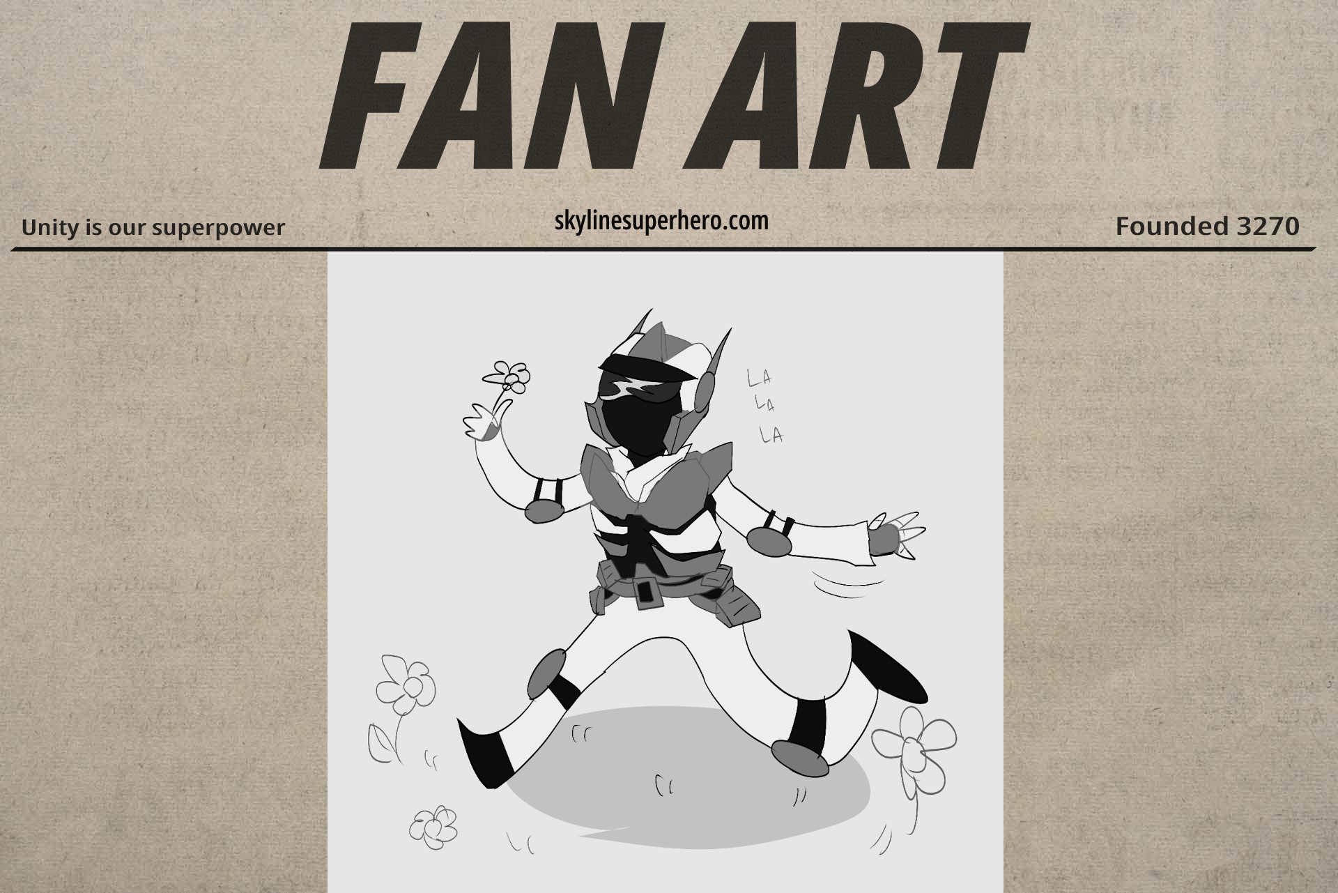 Black and white drawing of a superhero fanart surrounded by flowers.