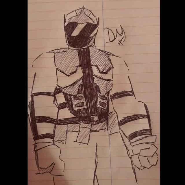 Hand-drawn sketch of a muscular superhero figure wearing a helmet, mask, and armor with a dark emblem on the chest, standing with fists clenched.