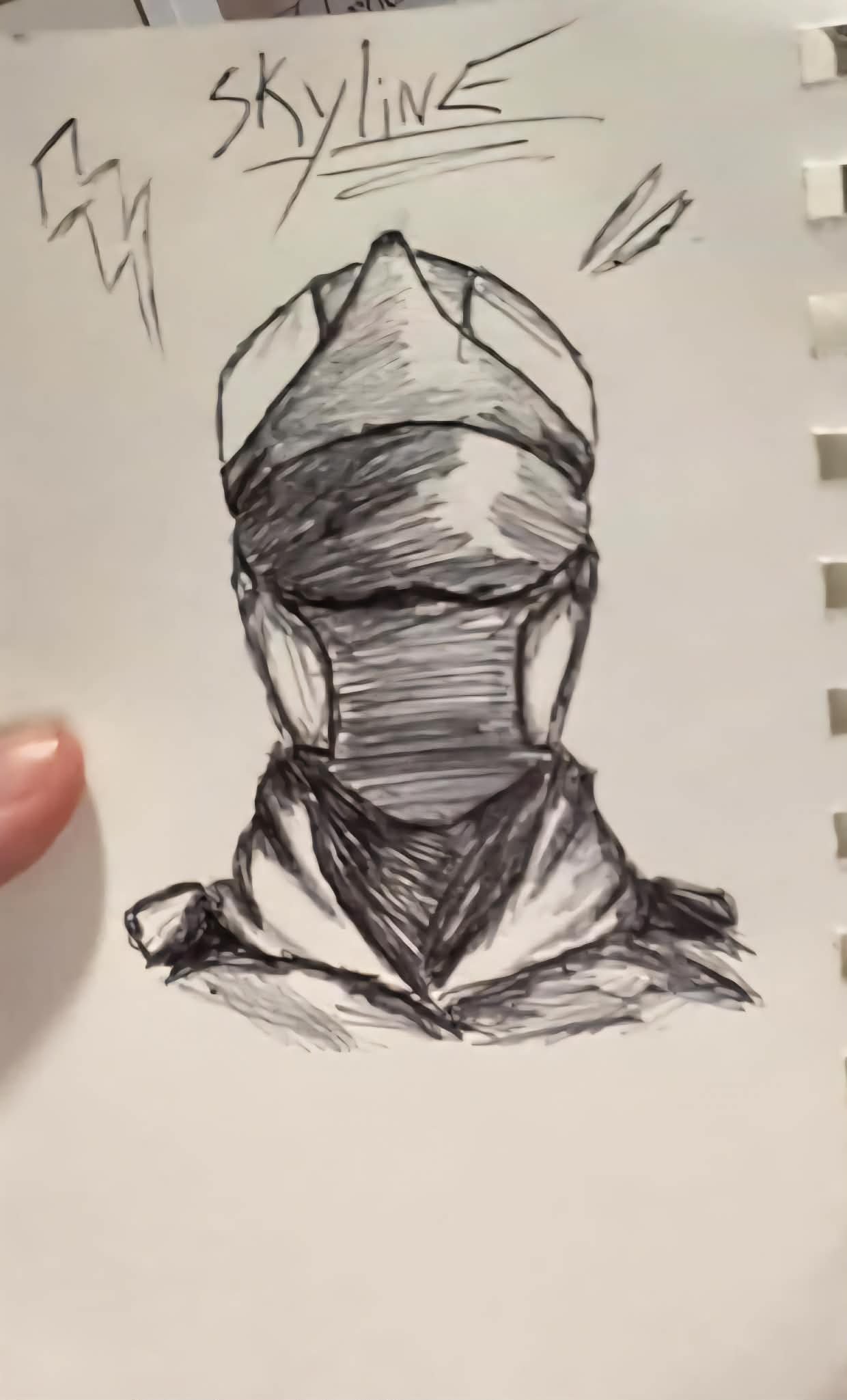 A black and white sketch of a woman's face with a headscarf, with the word "skylines" written above and lightning bolt symbols on either side.