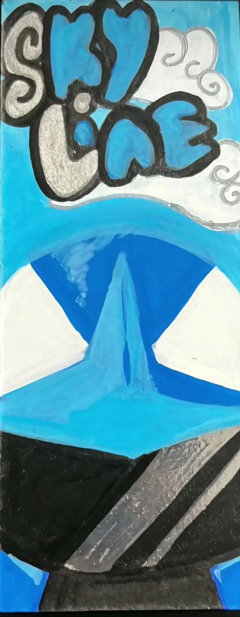 A colorful abstract painting with the word 'LOVE' written in graffiti style at the top, with a background of clouds and blue sky, and a depiction of a mountain or waterfall scene below.