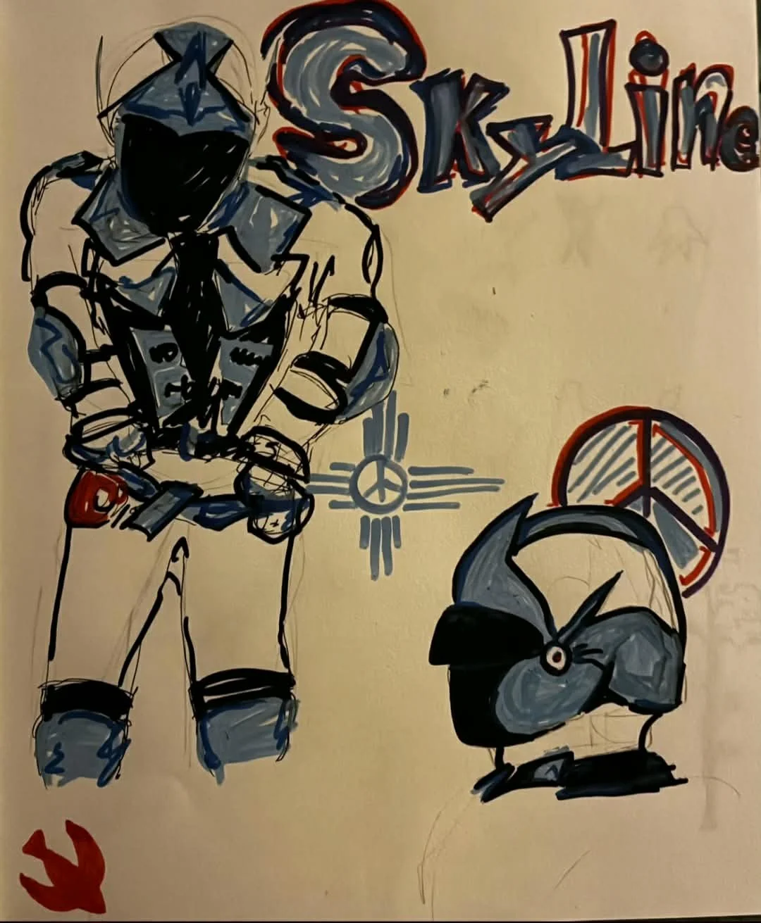 Drawing of a soldier or armed figure in futuristic armor holding a weapon, with the word 'Skinline' written above. There is a peace sign symbol in the background, a peace sign with lines and a circle, and a peace symbol inside a semi-circle to the bo