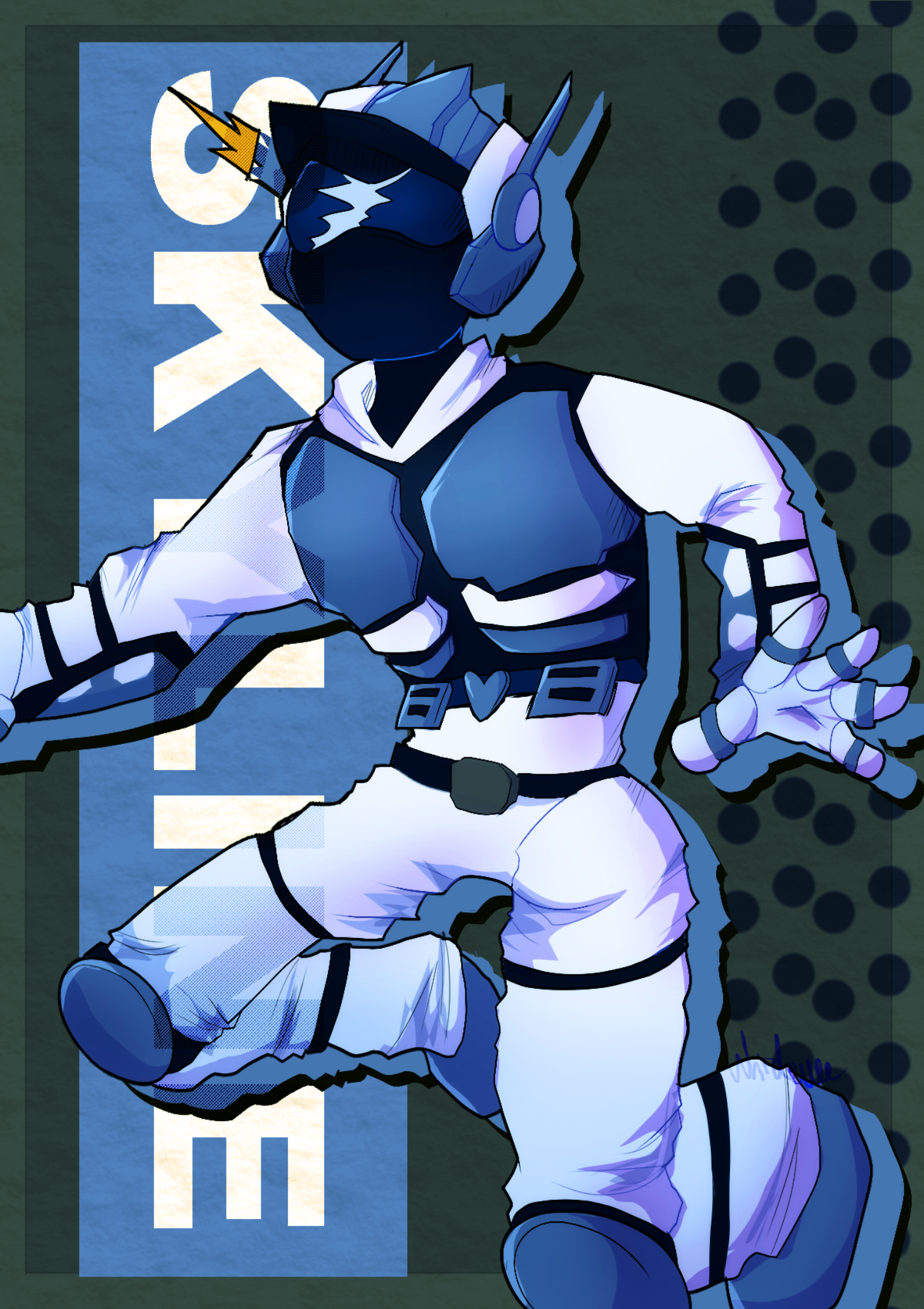 Illustration of a character wearing headphones, a mask, and a futuristic suit with a lightning bolt emblem, in a dynamic pose with a background featuring a blue sign and polka dot pattern.