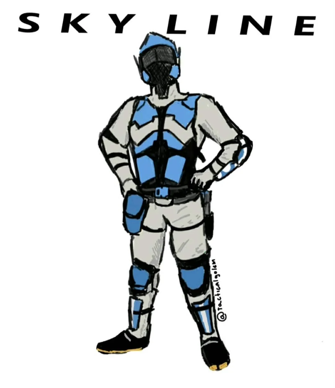 A hand-drawn illustration of a person in a blue and gray spacesuit, standing confidently with one hand on their hip. The word 'SKYLINE' is written above in black capital letters.