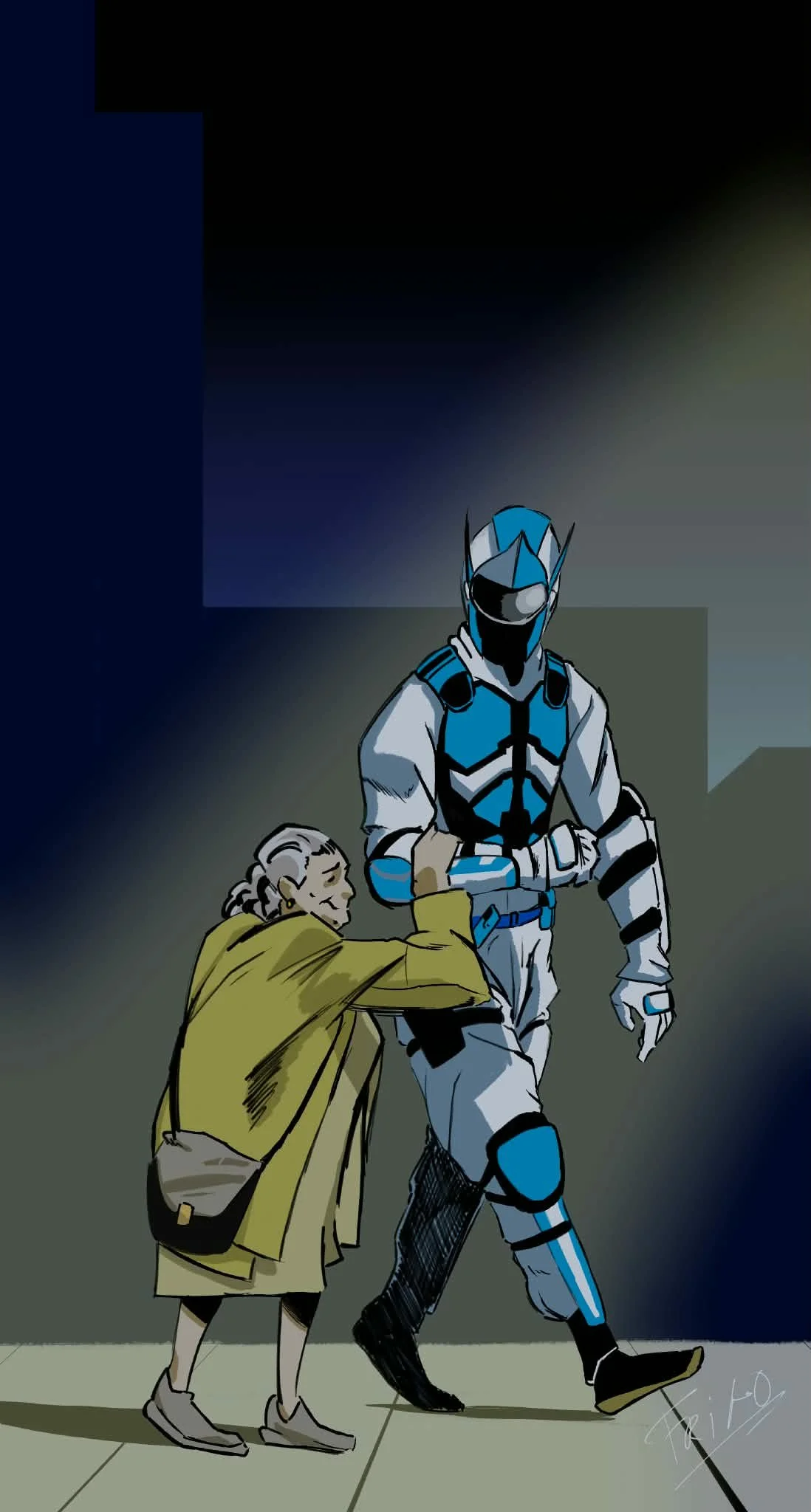 An elderly woman is holding the hand of a person dressed as a futuristic soldier in blue and white armor, walking together in an urban setting.