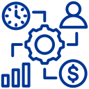 Icon representing organizational resources, including a clock, a person, a gear, a bar chart, and a dollar sign.