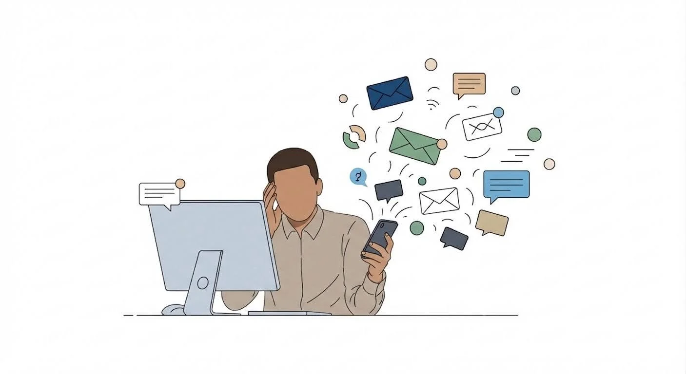 A person sitting at a desk with a computer, holding a smartphone with various messages, emails, and notifications illustrated around them.