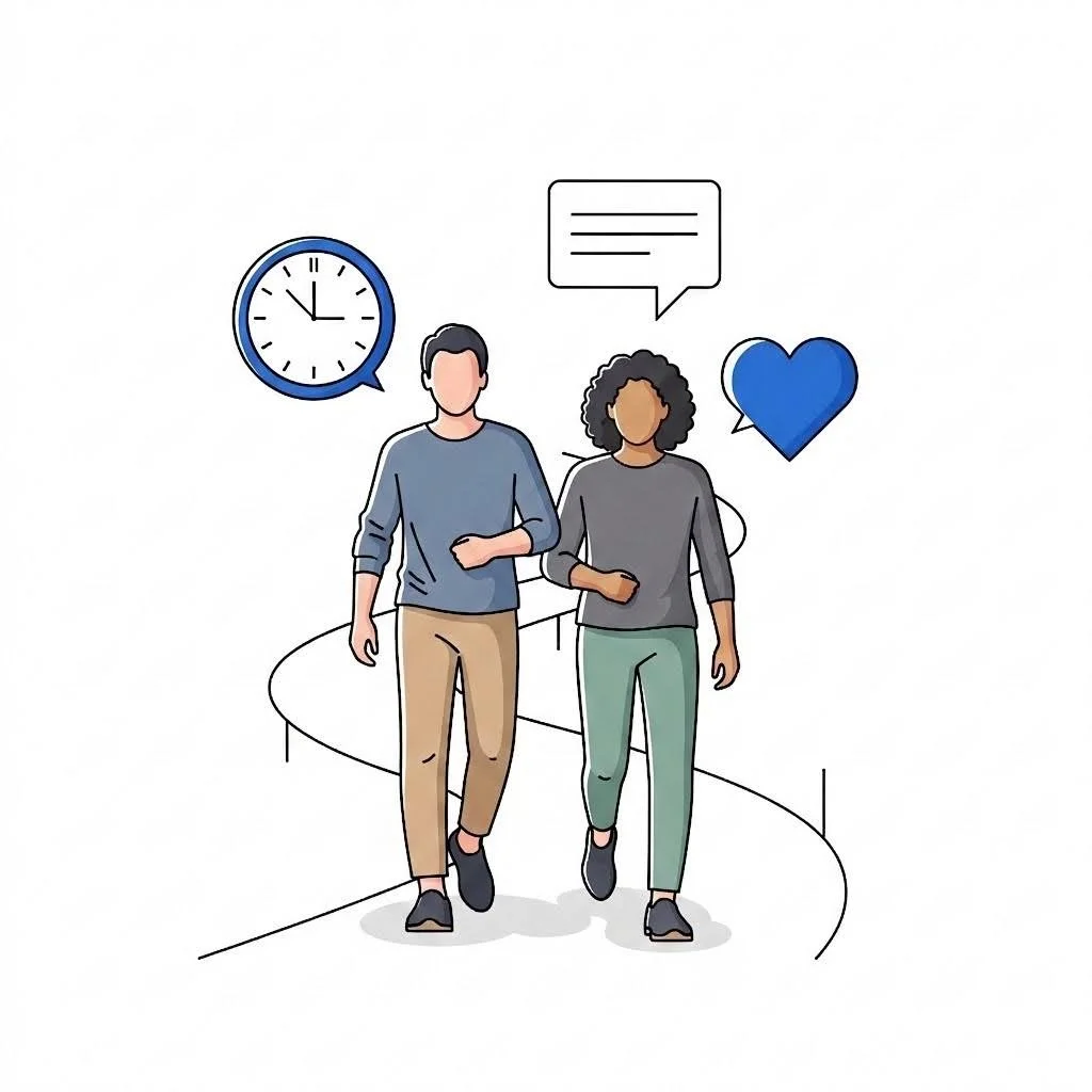 An illustration of two people walking arm-in-arm on a path, with a clock, speech bubble, and heart icons floating above them.
