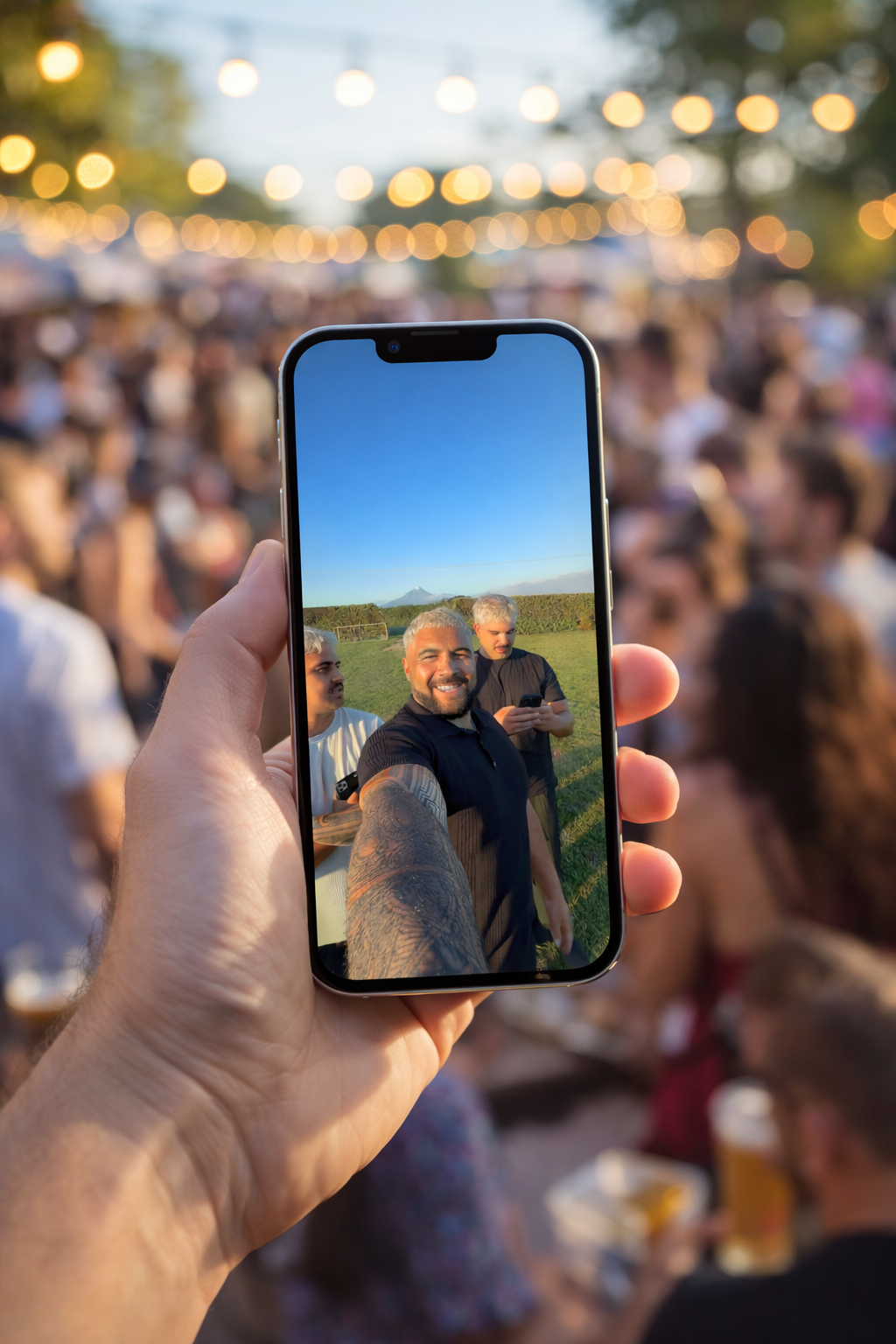 Person taking a selfie at an outdoor event with a large crowd in the background and string lights overhead, during sunset.