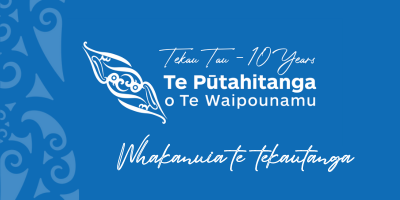 Logo with Māori style design and text celebrating 100 years of Te Pūtahitanga o Te Waipounamu, including Māori language phrases.