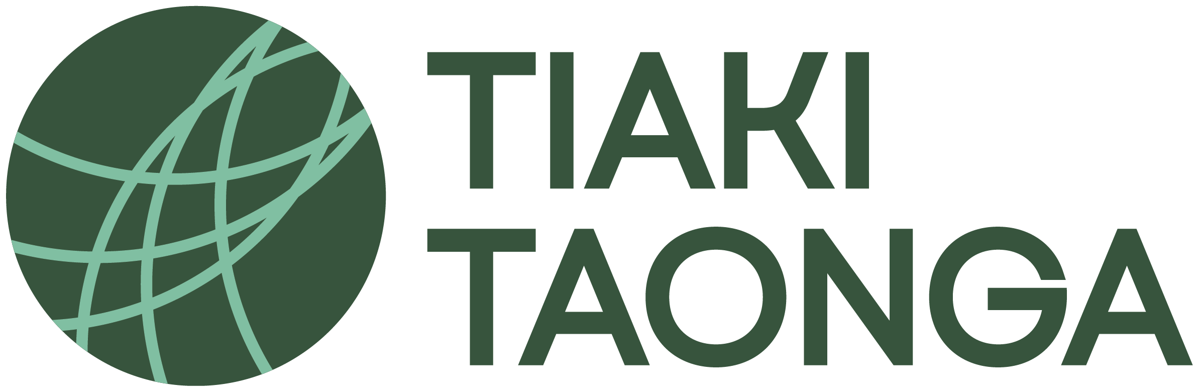 Logo with a green globe on the left and the text 'Tiar Taonga' in green on the right