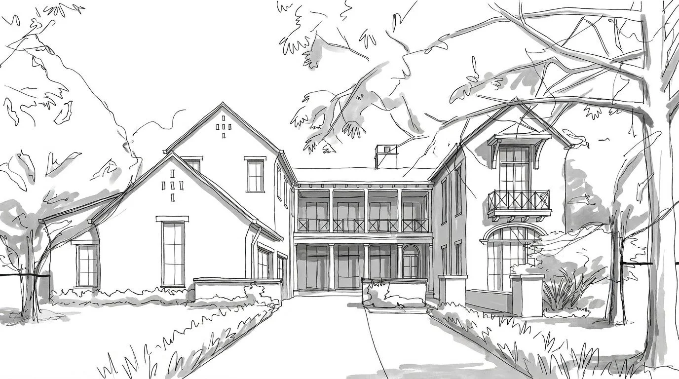 Two story family home residential design sketch in black and white
