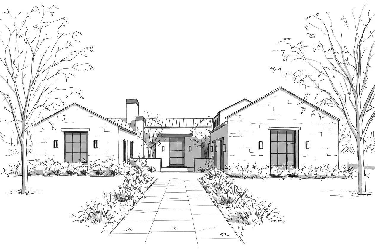 A minimalist black and white sketch of a contemporary single story family home.