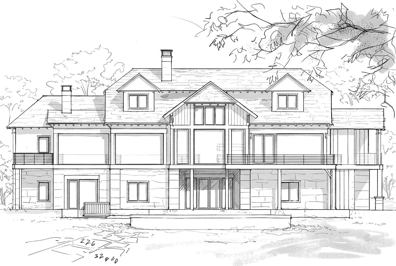 Three story family home residential interior design sketch in black and white