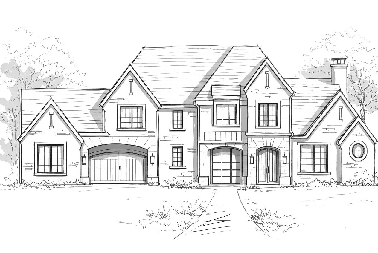 A black and white planning sketch of a warm family home.