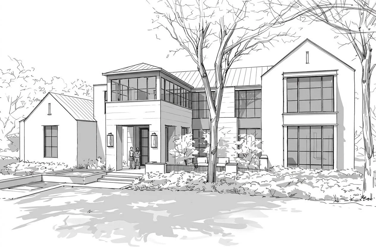 Two story, contemporary family home. Residential interior design sketch in black and white.