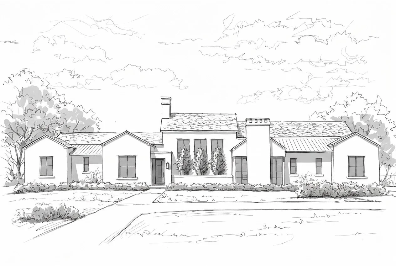 A clean black and white sketch of a contemporary single story family home.