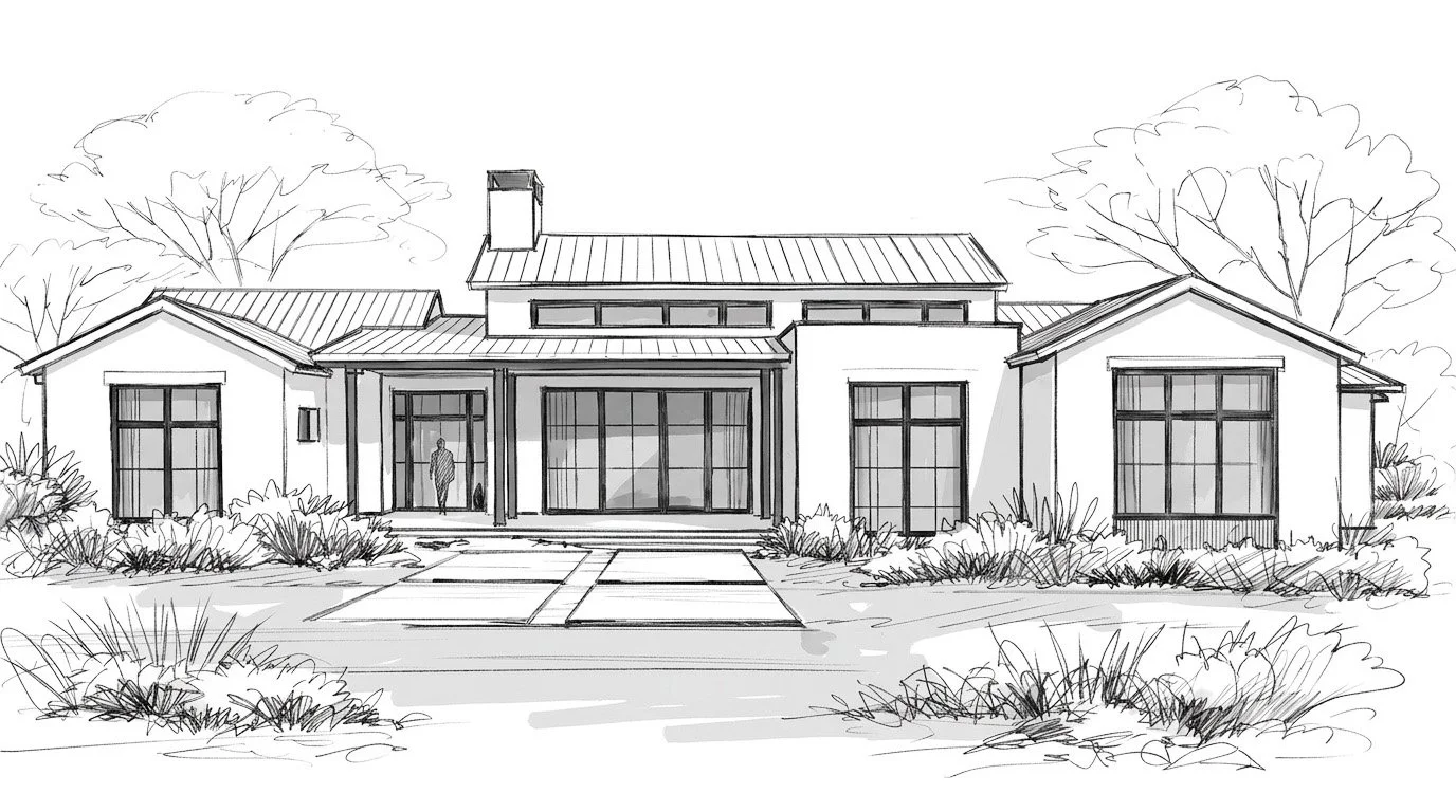A clean black and white sketch of a modern minimalist family home.