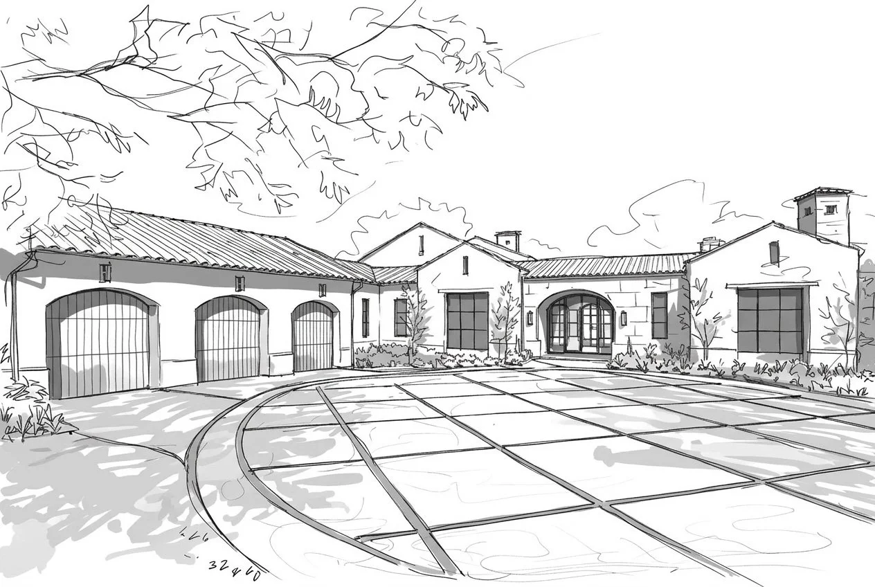 A single story, contemporary sprawling family home. Residential interior design sketch of the exterior in black and white.