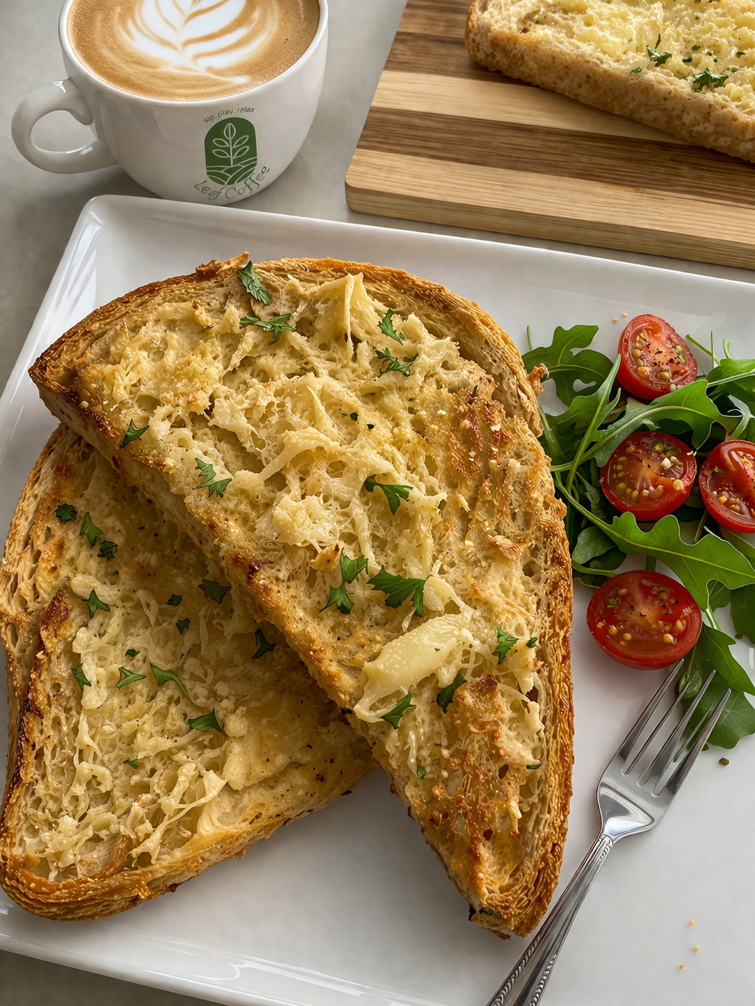 A plate with a slice of cauliflower cheese toast on a white platter, served with a side of cherry tomatoes and arugula, a cup of latte with latte art, and a piece of garlic bread on a cutting board.