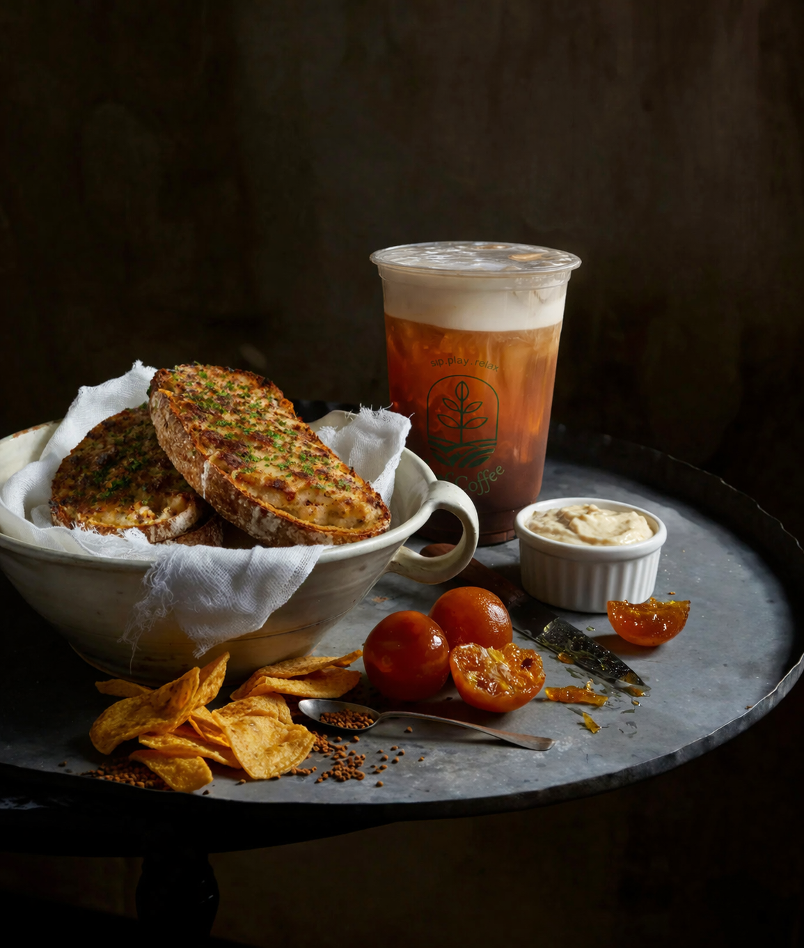 A marble table holding a bowl with grilled garlic bread, a cup of dipping sauce, cherry tomatoes, tortilla chips with spices, and a large iced tea with ice and foam on top, against a dark background.