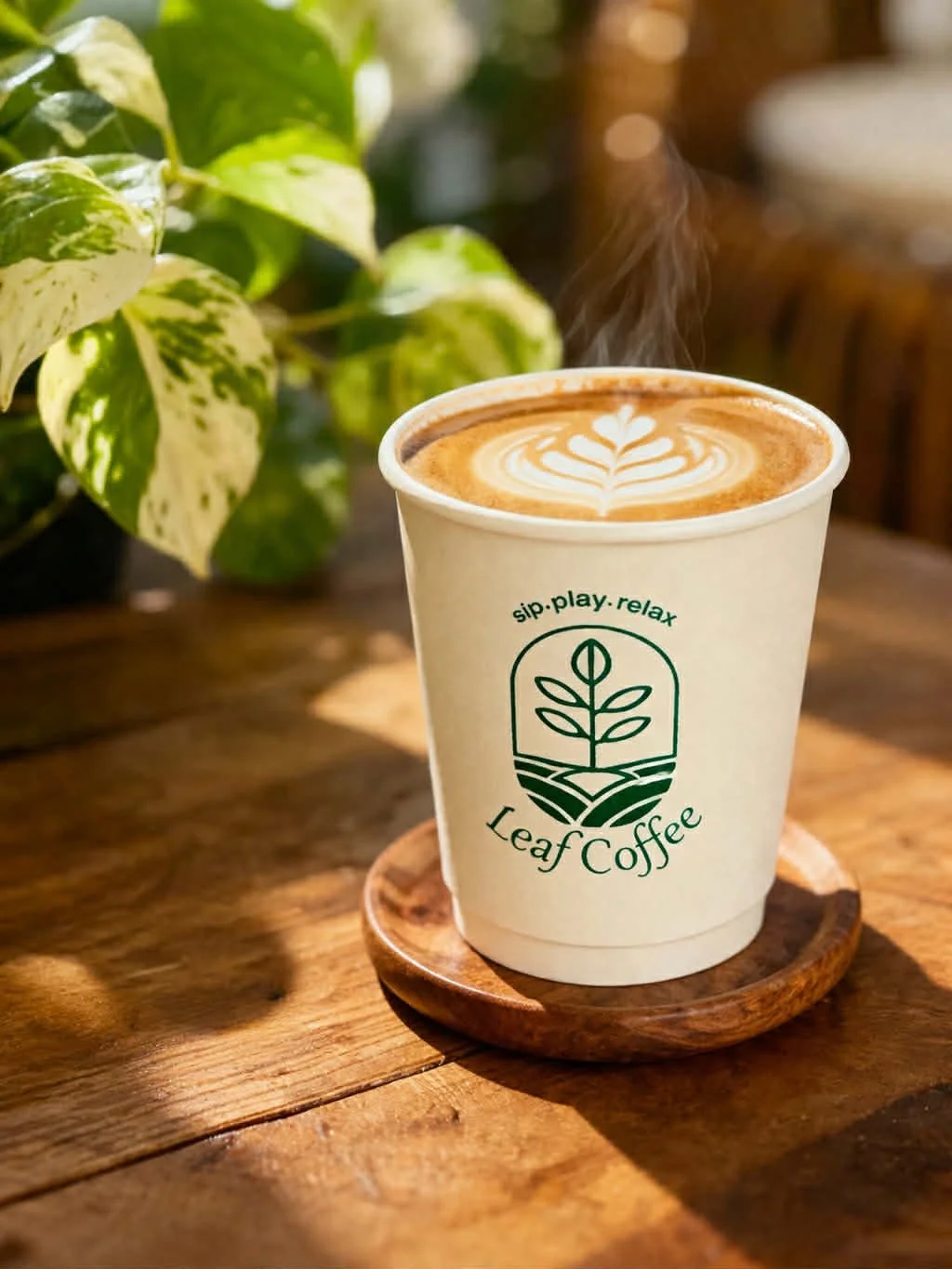 A steaming cup of coffee with latte art in a paper cup featuring the Leaf Coffee logo, placed on a wooden table with a plant in the background.