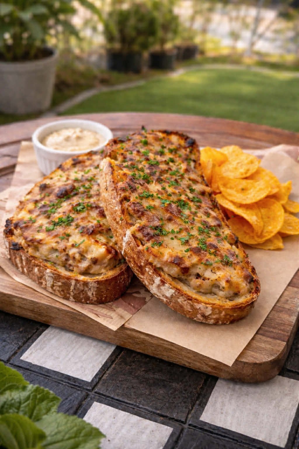 Baked stuffed lobsters with chopped herbs, served with potato chips and dipping sauce on a wooden platter, outdoors in a garden setting.