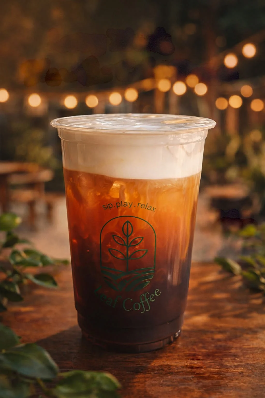 A plastic cup of iced coffee with a clear lid, placed on a wooden table with greenery. The cup has a logo with a leaf and the words 'sip.play.relax Leaf Coffee'. Blurred string lights are visible in the background at dusk or evening.